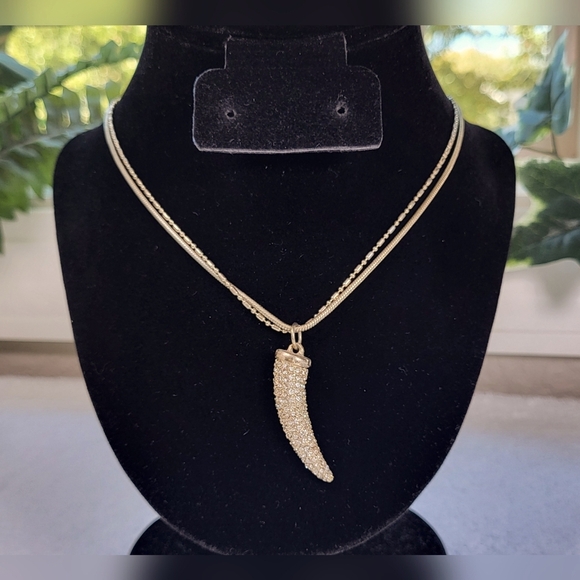 None Jewelry - Gold Tone Horn and Rhinestone Multi-Strand Pendant Necklace